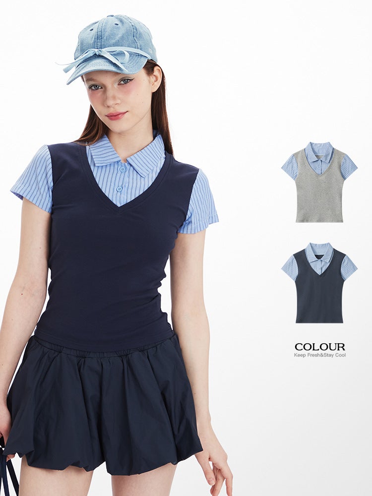 Heyhenry American Korean Style Academy Style Vertical Stripe Stitching Fake Two-Piece Short-Sleeved Girl Top - Image 2