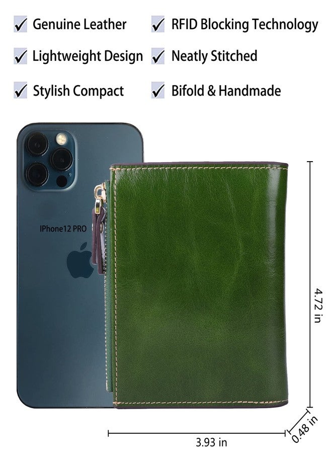 AINIMOER Women's RFID Blocking Leather Small Compact Bi-fold Zipper Pocket Wallet Card Case Purse with id Window (Waxed Green) - Image 4