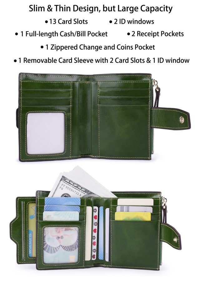 AINIMOER Women's RFID Blocking Leather Small Compact Bi-fold Zipper Pocket Wallet Card Case Purse with id Window (Waxed Green) - Image 2