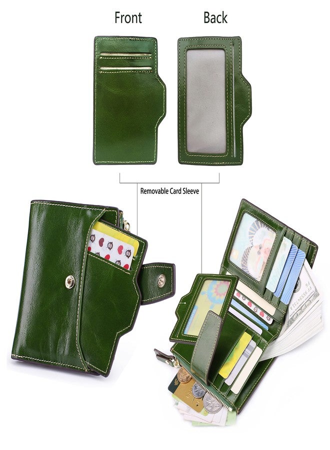 AINIMOER Women's RFID Blocking Leather Small Compact Bi-fold Zipper Pocket Wallet Card Case Purse with id Window (Waxed Green) - Image 3