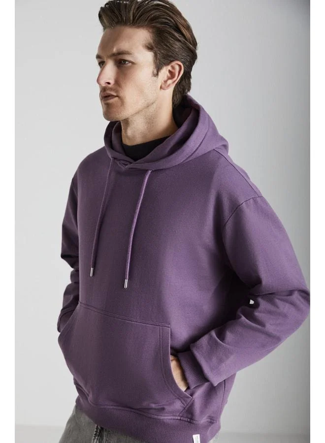 GRIMELANGE Men's Organic Cotton Regular Fit Purple Sweatshirt with Kangaroo Pocket and Hood