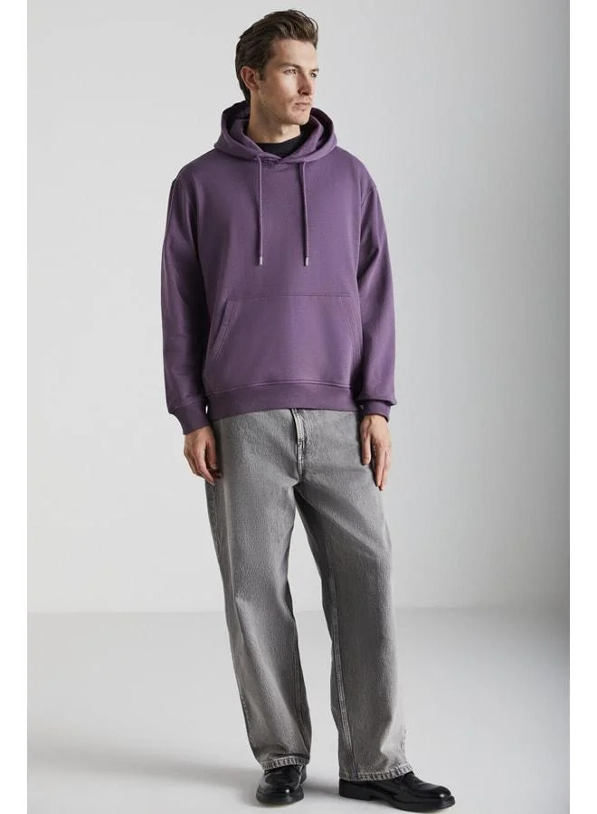 GRIMELANGE Men's Organic Cotton Regular Fit Purple Sweatshirt with Kangaroo Pocket and Hood