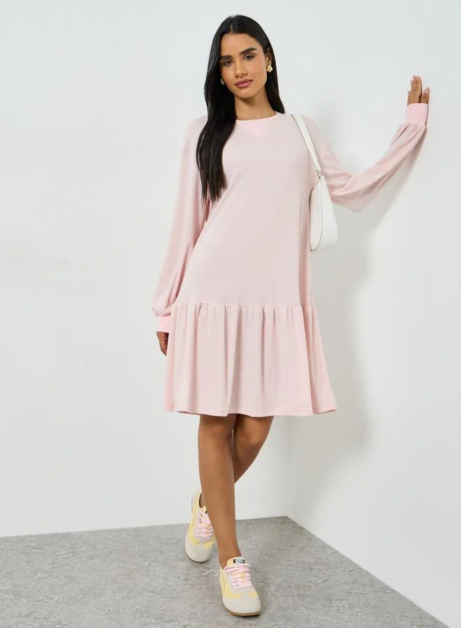 Take Two Women's Solid Ruffle Hem Long Sleeve Mini Dress