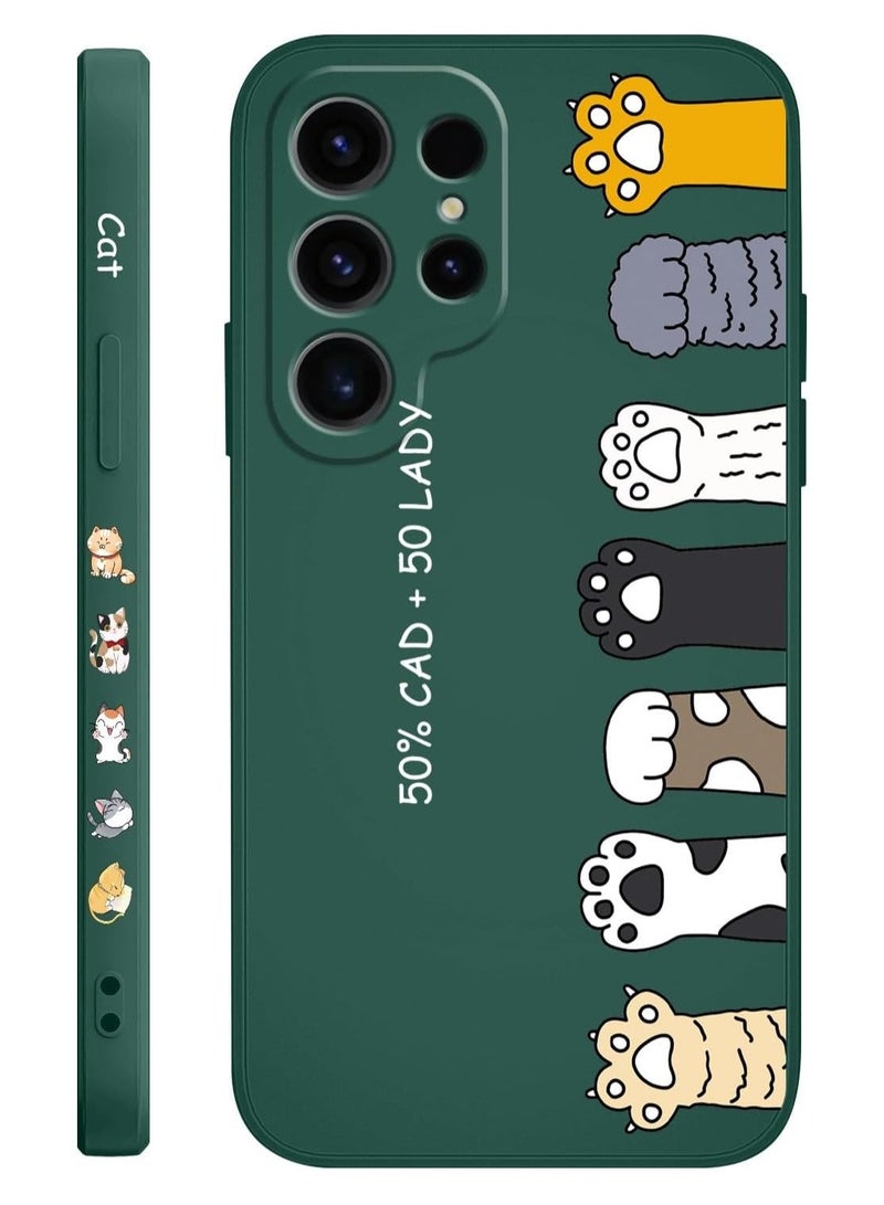 غطاء هاتف لجهاز Galaxy S24 Ultra، تصميم نمط أفكار الزهور والفراشات والقطط اللطيفة، حماية رقيقة وأنيقة ضد الصدمات لجهاز سامسونج جالاكسي S24 الترا 6.8 إنش - بصمة قدم القط باللون الأخضر. - Image 1