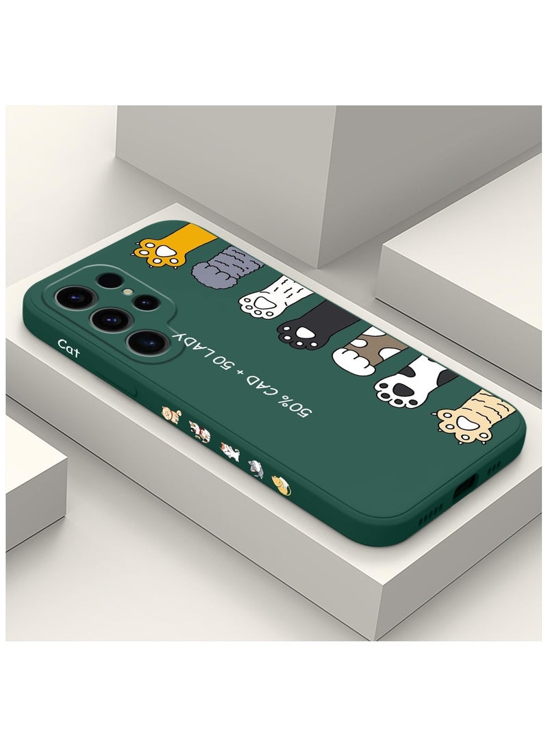 غطاء هاتف لجهاز Galaxy S24 Ultra، تصميم نمط أفكار الزهور والفراشات والقطط اللطيفة، حماية رقيقة وأنيقة ضد الصدمات لجهاز سامسونج جالاكسي S24 الترا 6.8 إنش - بصمة قدم القط باللون الأخضر. - Image 2