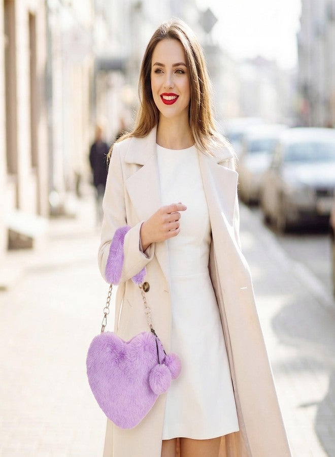 Miayon Heart Shaped Faux Fur Clutch Purse Fluffy Crossbody Shoulder Bag for Women Valentine Purple - Image 3