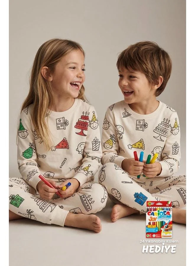 Zuzunga Paintable Birthday-Themed Children's Pajama Set – Washable 24-Piece Pen Gift.