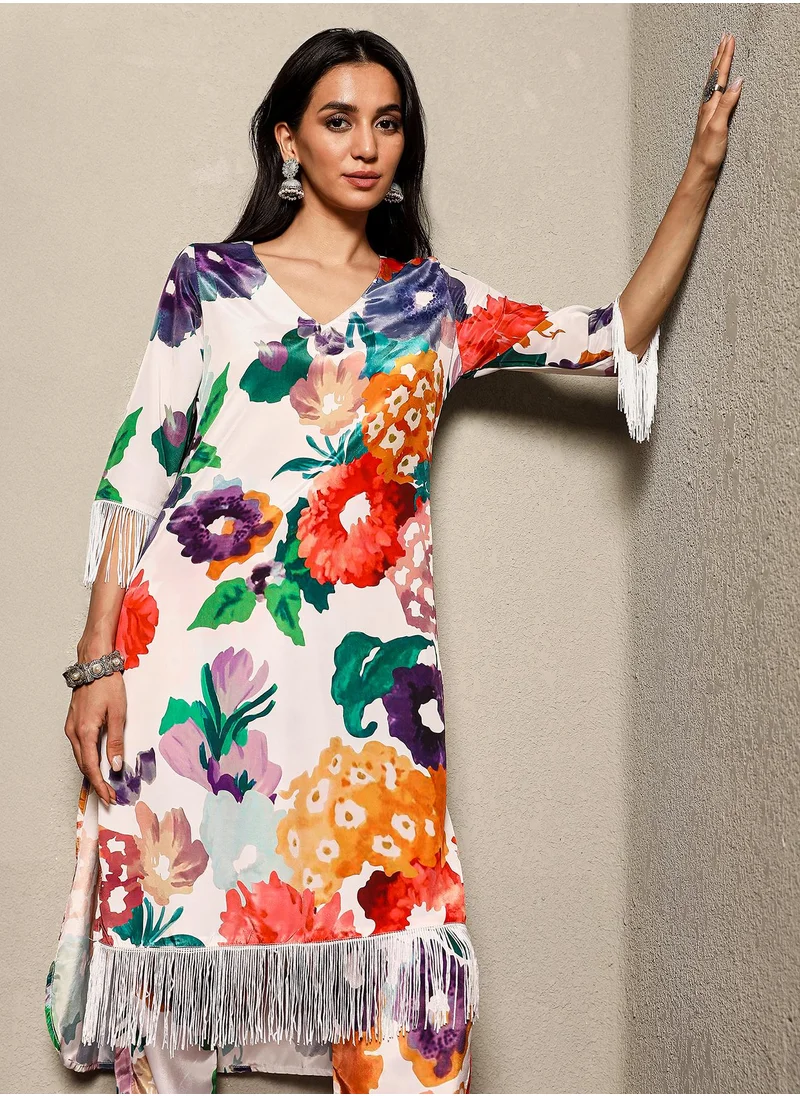 QISSA Women's Powder White Botanical Cluster Kurti With Trousers