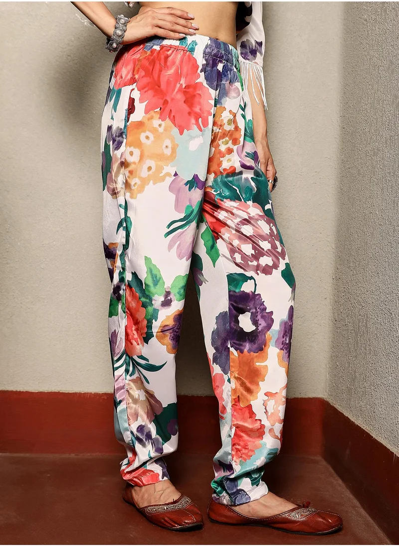 QISSA Women's Powder White Botanical Cluster Kurti With Trousers