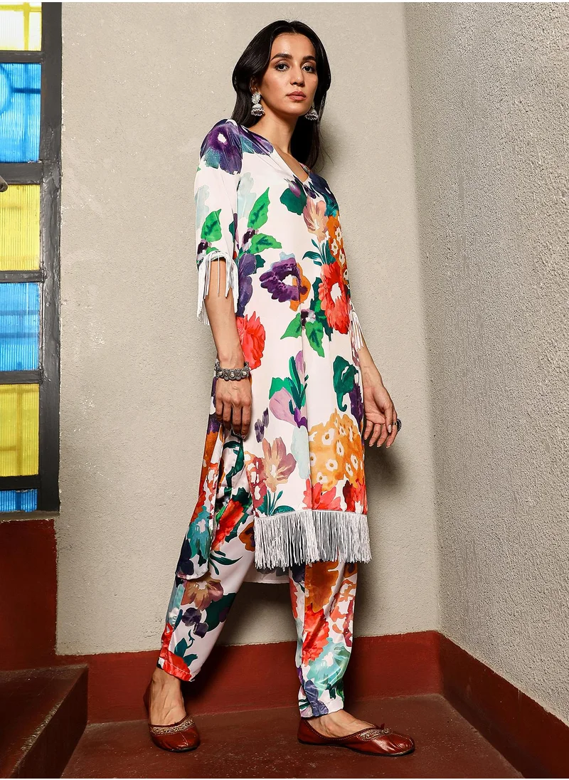 QISSA Women's Powder White Botanical Cluster Kurti With Trousers