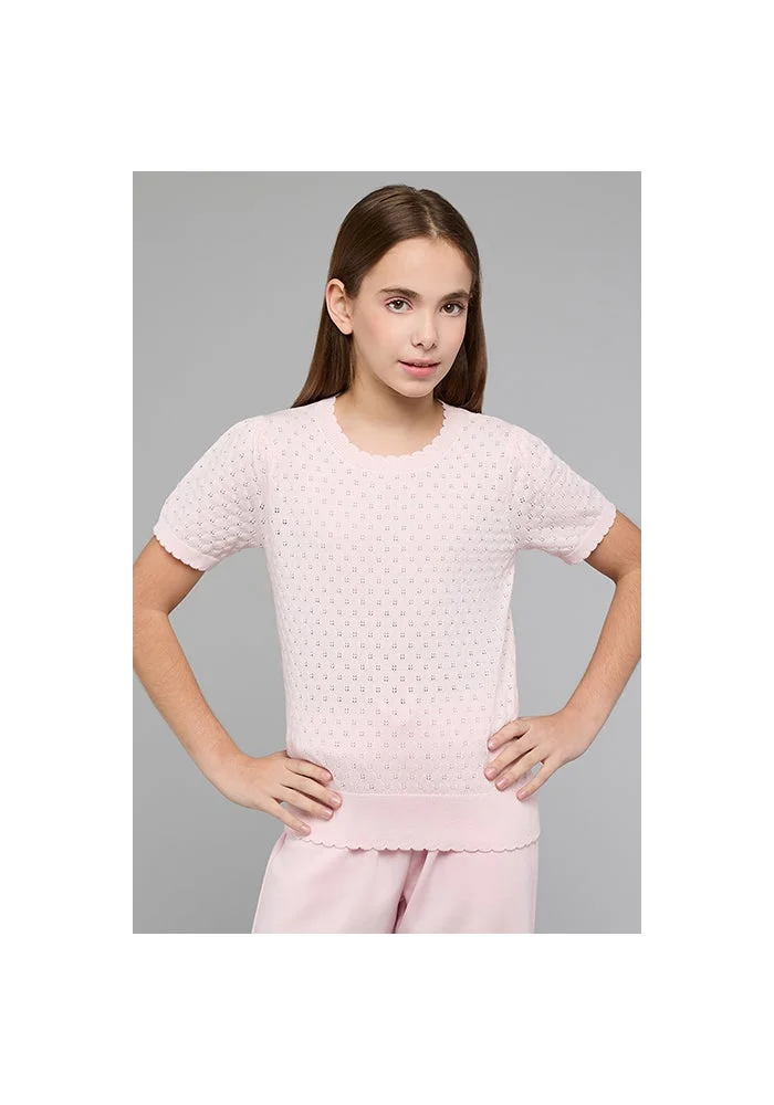 أر أند بي Knitted Top with Crew Neck and Puff Sleeves