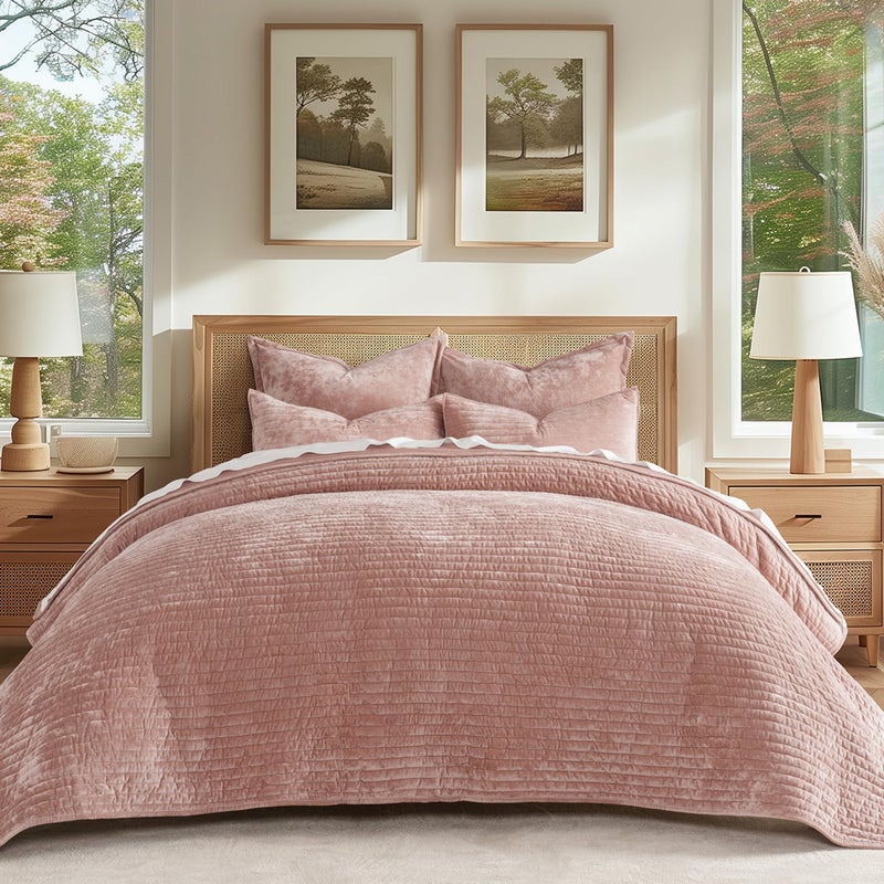 EVERGRACE Velvet Quilt Set King Size, Luxurious Soft Striped Channel Bedding Set, Lightweight Velvet Comforter for All Season, Oversized Bedspread Coverlet with 2 Matching Shams, Pink Clay - Image 1