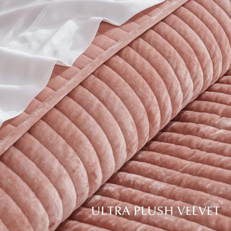 EVERGRACE Velvet Quilt Set King Size, Luxurious Soft Striped Channel Bedding Set, Lightweight Velvet Comforter for All Season, Oversized Bedspread Coverlet with 2 Matching Shams, Pink Clay - Image 5