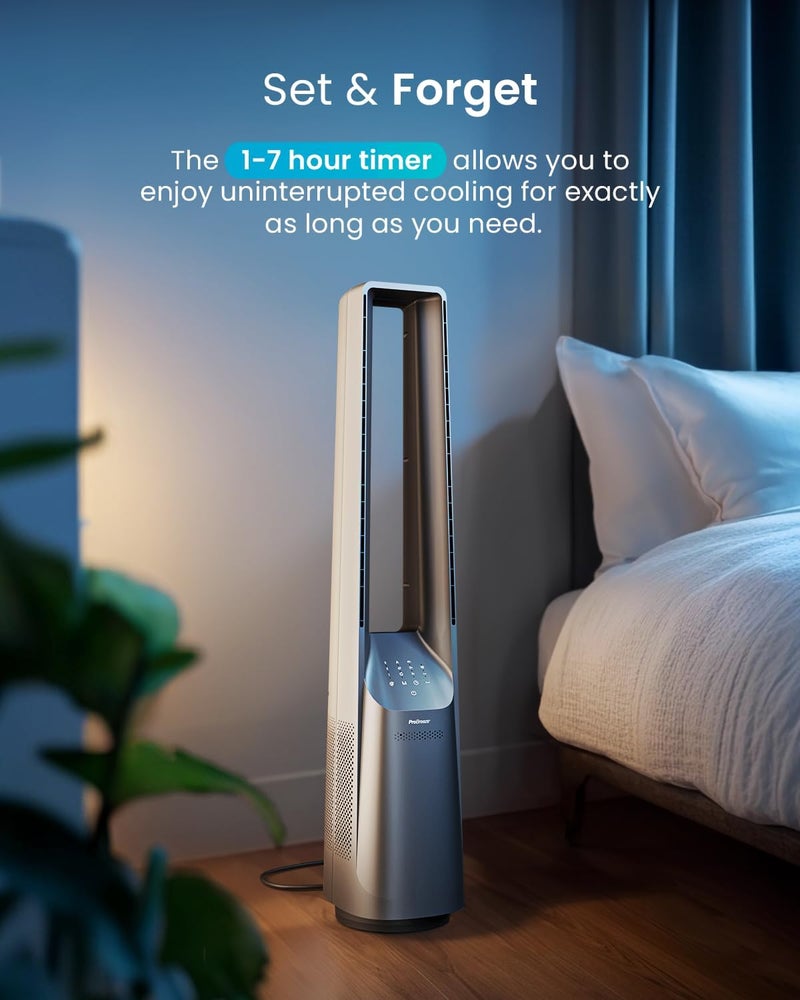 Pro Breeze 40 inch Bladeless Tower Fan with DC Motor - Ultra Quiet Fan with Remote Control, LED Display, 6 Fan Speeds, 5 Operation Modes, 60° Automatic Oscillation & 7H Timer - Silver - Image 4