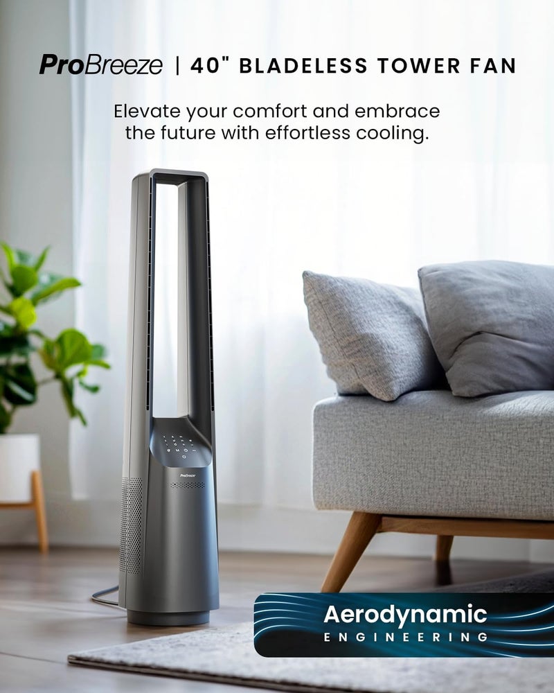 Pro Breeze 40 inch Bladeless Tower Fan with DC Motor - Ultra Quiet Fan with Remote Control, LED Display, 6 Fan Speeds, 5 Operation Modes, 60° Automatic Oscillation & 7H Timer - Silver - Image 1