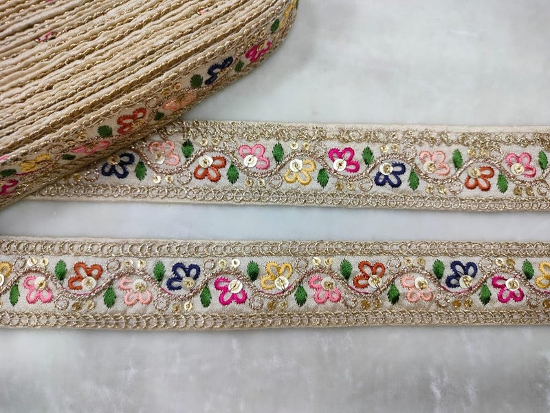 CMHOWLITE Multicolor Embroidery Work Fancy Lace for Lehanga Suit Dresses Sarees Blouses Dupatta and Art Craft Roll of 9 Meter Width 1 inch 254 cm Beige