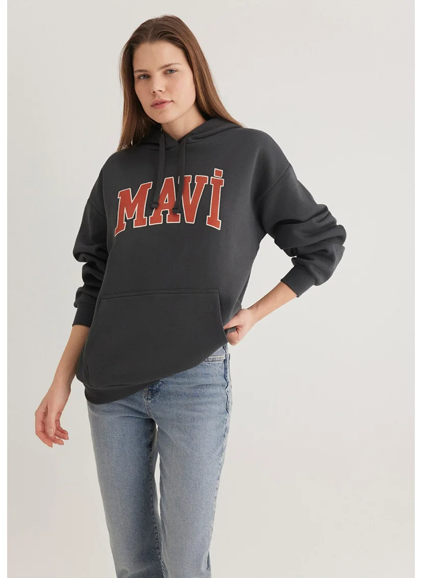 MAVI Blue Logo Printed Hooded Anthracite Sweatshirt 1600361-80106