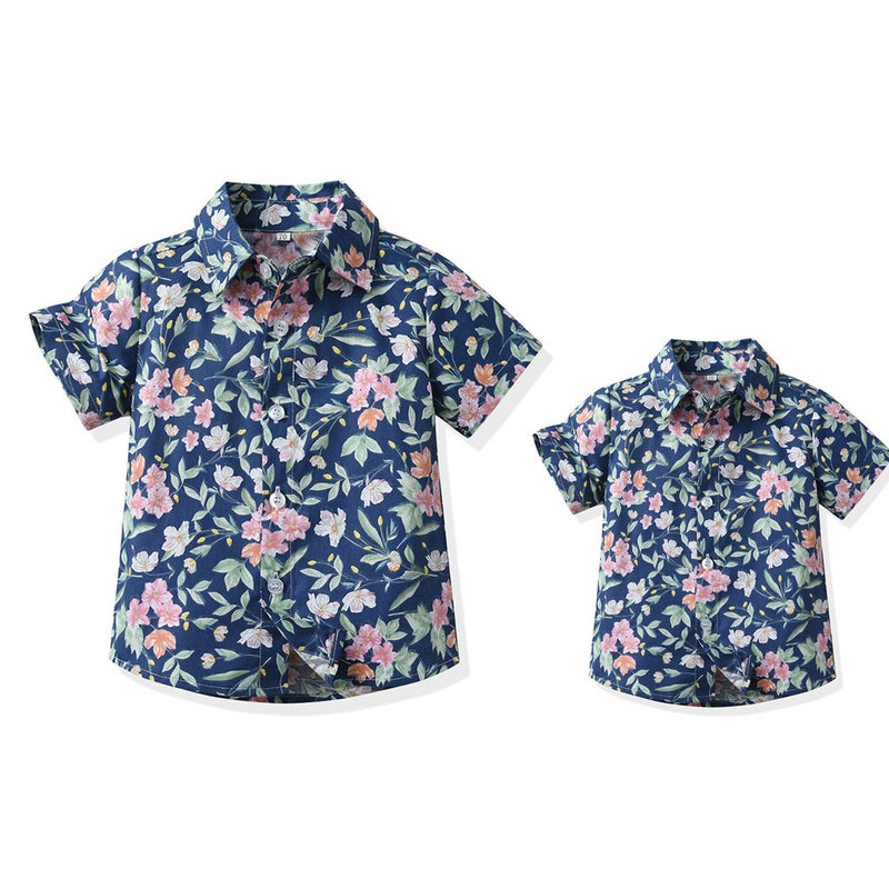 Summer Family Wear Flower Short-Sleeved Cotton Shirt Lapel Beach Vacation Parent-Child Trendy Versatile Printed Casual Cardigan - Image 1