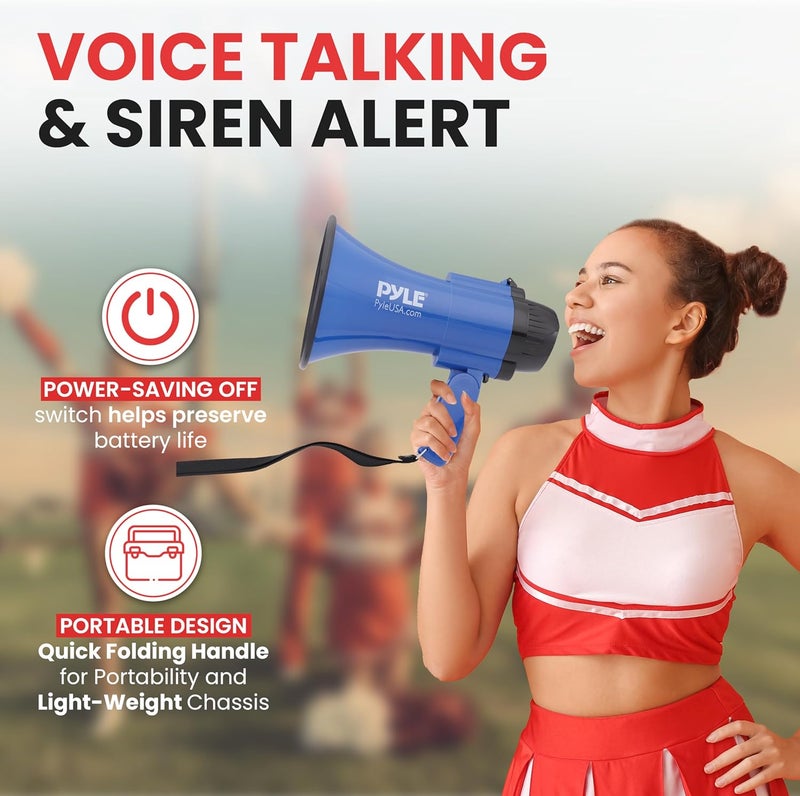 Pyle Compact Battery-Operated Megaphone with Siren - 30 Watt Power, Microphone, 2 Modes, PA Sound, Bullhorn, Foldable Handle for Cheerleading, Police Use (Blue) - Image 2