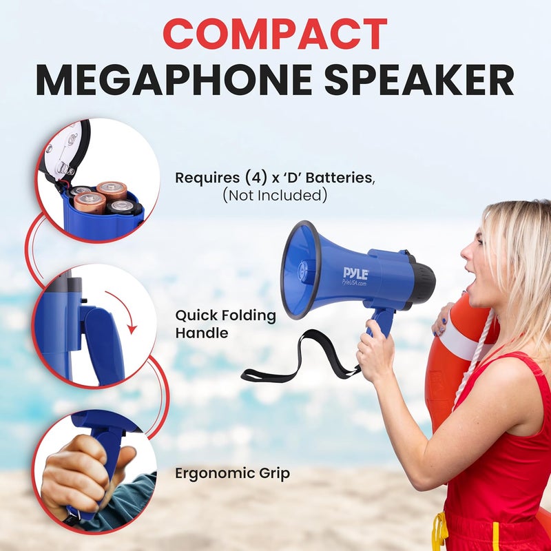 Pyle Compact Battery-Operated Megaphone with Siren - 30 Watt Power, Microphone, 2 Modes, PA Sound, Bullhorn, Foldable Handle for Cheerleading, Police Use (Blue) - Image 3