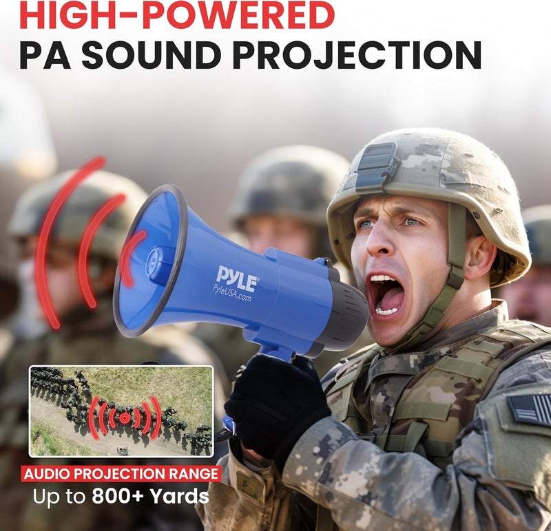 Pyle Compact Battery-Operated Megaphone with Siren - 30 Watt Power, Microphone, 2 Modes, PA Sound, Bullhorn, Foldable Handle for Cheerleading, Police Use (Blue) - Image 5