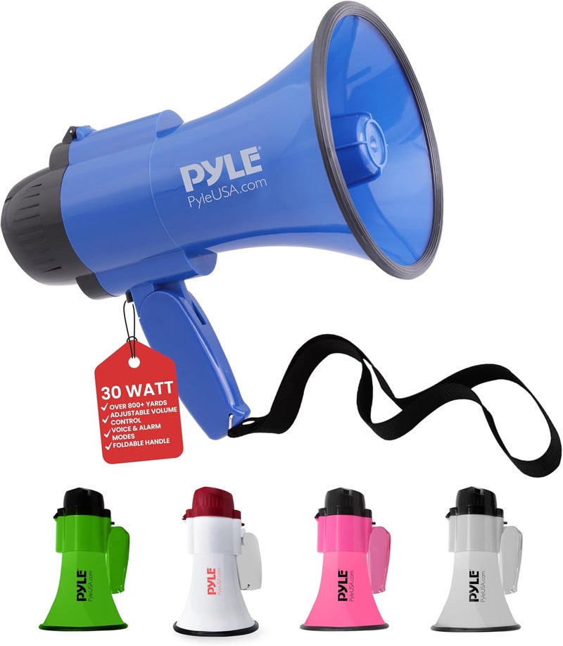 Pyle Compact Battery-Operated Megaphone with Siren - 30 Watt Power, Microphone, 2 Modes, PA Sound, Bullhorn, Foldable Handle for Cheerleading, Police Use (Blue) - Image 1