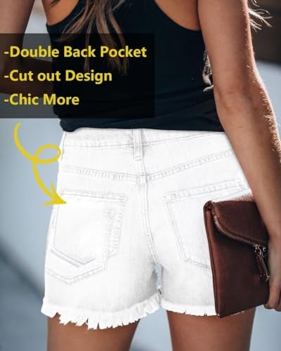 ZOLUCKY Shorts for Women Denim Mid Rise Shorts Distressed Frayed Raw Hem Casual White Shorts for Summer White L - Image 2