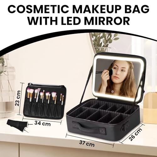 Oceanevo Medium Cosmetic Organizer Bag with Rechargeable LED Mirror & Makeup Sponge Included | Makeup Vanity Box with 3 LED Brightness Modes, Adjustable Dividers, and Black PU Finish - Image 3