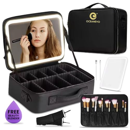 Oceanevo Medium Cosmetic Organizer Bag with Rechargeable LED Mirror & Makeup Sponge Included | Makeup Vanity Box with 3 LED Brightness Modes, Adjustable Dividers, and Black PU Finish - Image 2