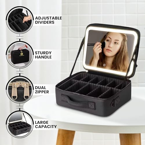 Oceanevo Medium Cosmetic Organizer Bag with Rechargeable LED Mirror & Makeup Sponge Included | Makeup Vanity Box with 3 LED Brightness Modes, Adjustable Dividers, and Black PU Finish - Image 4