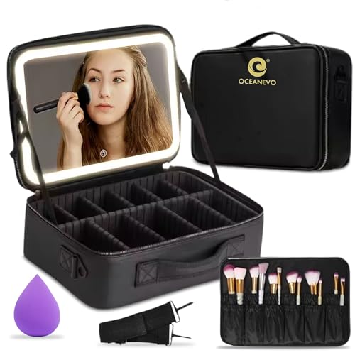 Oceanevo Medium Cosmetic Organizer Bag with Rechargeable LED Mirror & Makeup Sponge Included | Makeup Vanity Box with 3 LED Brightness Modes, Adjustable Dividers, and Black PU Finish - Image 1