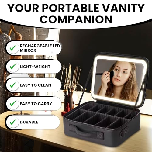 Oceanevo Medium Cosmetic Organizer Bag with Rechargeable LED Mirror & Makeup Sponge Included | Makeup Vanity Box with 3 LED Brightness Modes, Adjustable Dividers, and Black PU Finish - Image 5