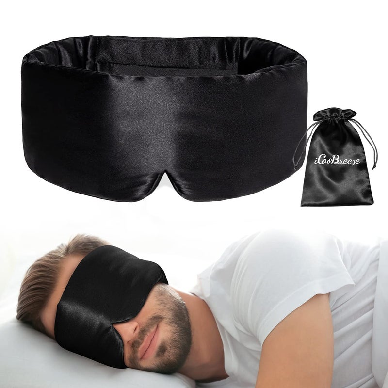 iCooBreeze 100 Natural Silk Eye Mask for Women Men Soft Pressureless Cooling Blackout Eye Covers for Sleeping Large Size Sleep Mask fits All Heads Adjustable 1PC Black