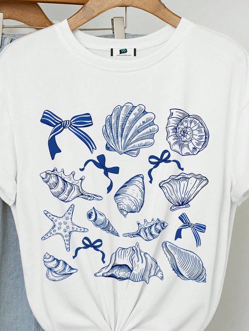 SXV STYLE Women Loose Fit Seashell Print Round Neck Short Sleeve T-Shirt, Suitable for Summer (in, Alpha, S, White) - Image 5