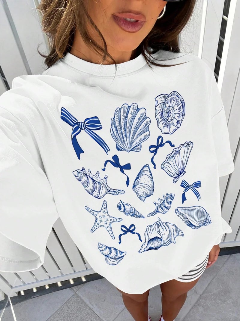 SXV STYLE Women Loose Fit Seashell Print Round Neck Short Sleeve T-Shirt, Suitable for Summer (in, Alpha, S, White) - Image 4