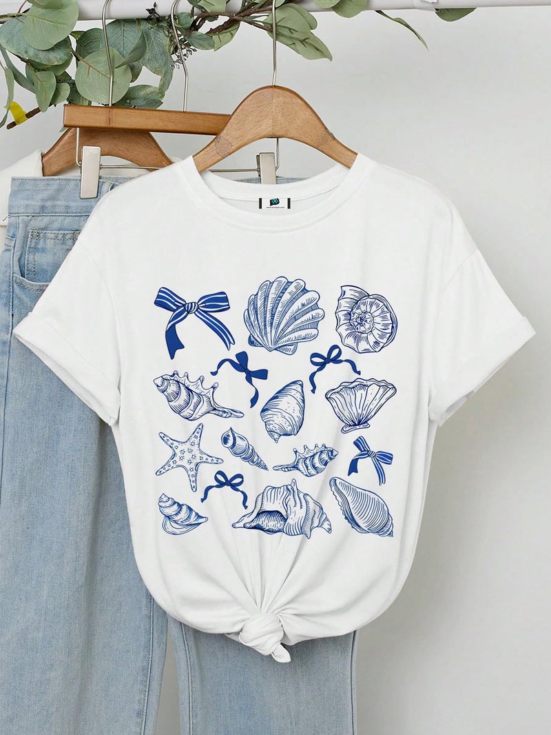 SXV STYLE Women Loose Fit Seashell Print Round Neck Short Sleeve T-Shirt, Suitable for Summer (in, Alpha, S, White) - Image 2