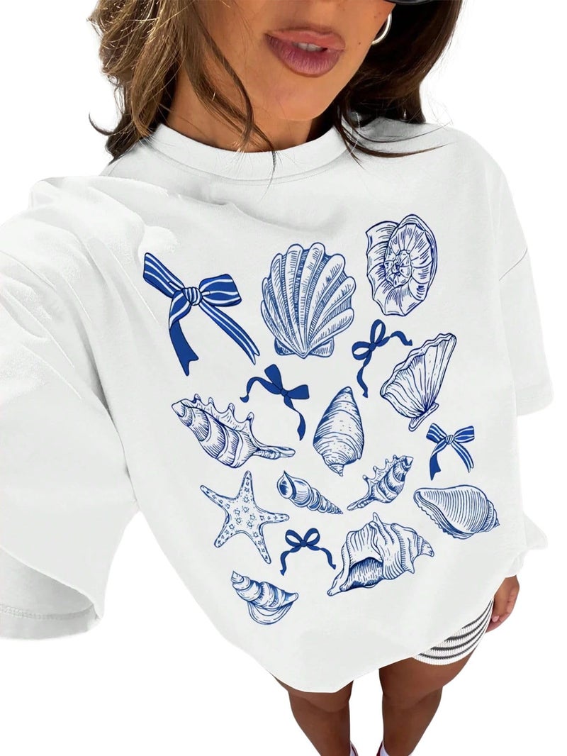 SXV STYLE Women Loose Fit Seashell Print Round Neck Short Sleeve T-Shirt, Suitable for Summer (in, Alpha, S, White) - Image 1