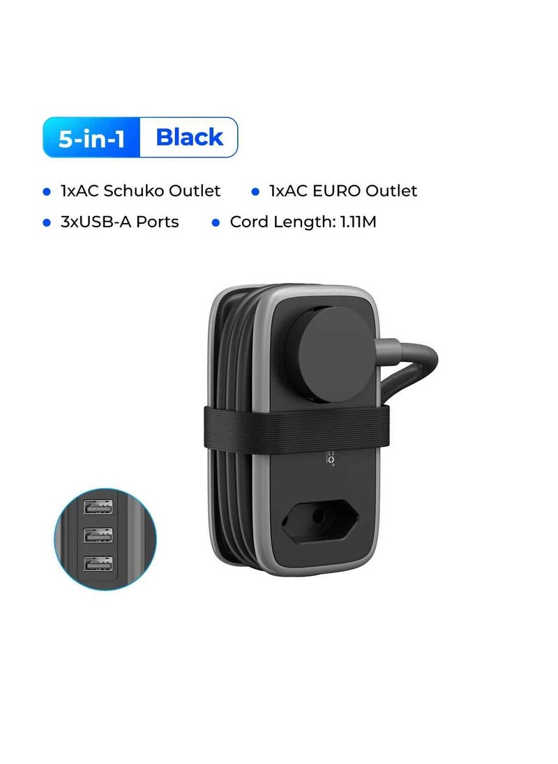 أوريكو شريط طاقة، مقبس ذكي 5 في 1 للشحن، شريط طاقة USB صغير للسفر، سلك تمديد قابل للتعبئة مع ثلاثة منافذ USB للسفر في المكتب المنزلي، (قطعة واحدة، أسود، 3 منافذ USB)  - Image 1