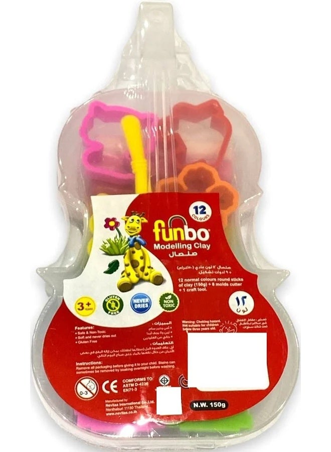 FUNBO MODELLING CLAY SET - 12 COLOURS (150G) WITH 8 MOLDS & 1 CRAFT TOOL