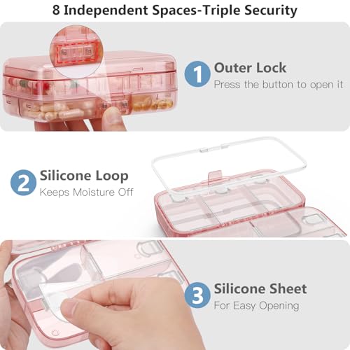 FYY Weekly Pill Organizer with Labels,8 Compartments Travel Daily Pill Case Airtight Moistureproof Large Pill Box to Hold Vitamins, Fish Oil, Supplements,Cotton Swab and Bandages-Pink - Image 5