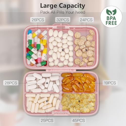 FYY Weekly Pill Organizer with Labels,8 Compartments Travel Daily Pill Case Airtight Moistureproof Large Pill Box to Hold Vitamins, Fish Oil, Supplements,Cotton Swab and Bandages-Pink - Image 2