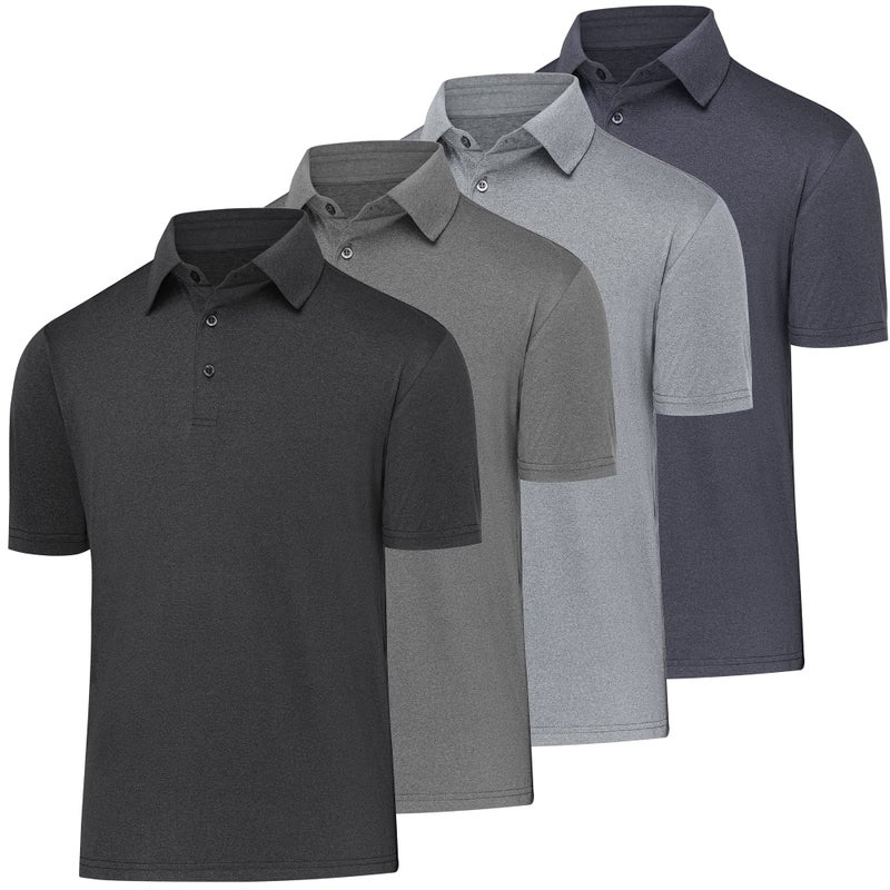 BALENNZ Men's Quick-Dry Athletic Polo Shirt 4 Pack - Moisture Wicking, Casual, Black/Grey/Navy, Large - Image 1