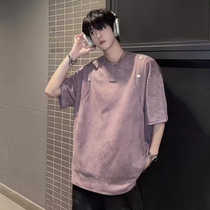Suede Short-Sleeved T-Shirt Men'S Summer American-Style High Street Design Sense Niche Heavy-Sleeved Loose Half-Sleeved T-Shirt - Image 1