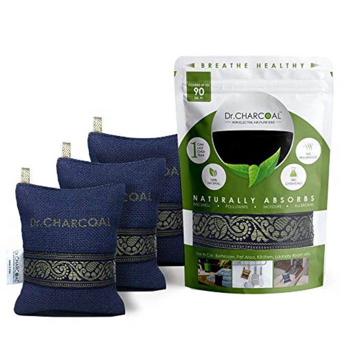 Dr. CHARCOAL Coconut Shell Activated Carbon Air Purifier Bags To Deodorize And Dehumidify Car And Bathroom (200G, Pack Of 3, Classic Neel) Granule