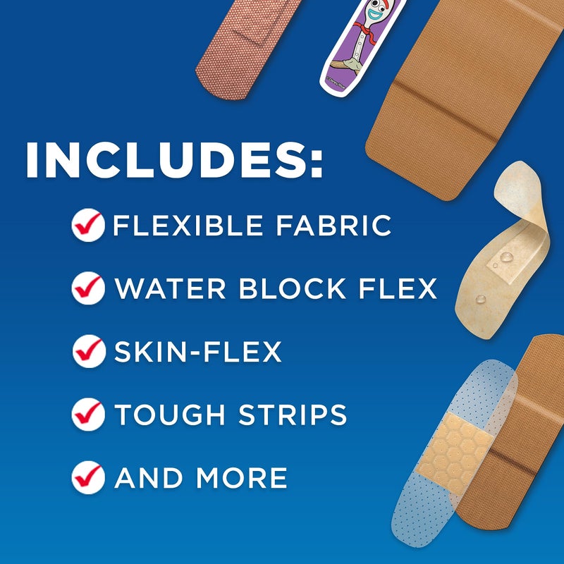 Band-Aid Brand Adhesive Bandage Family Variety Pack in Assorted Sizes Featuring Water Block Flex, Flexible Fabric, Skin-Flex, Tough Strips & Pixar Character Bandages, 110 ct - Image 4