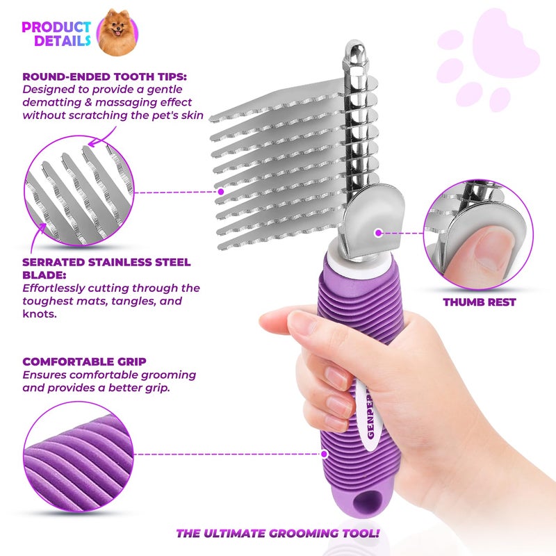 GENPEPADO Dematting Undercoat Rake Comb for Dogs & Cats with Long 2.5-In Stainless Steel Safety Blades for Removing Knots, Mats & Tangles - Pet Grooming Deshedding Brush Tool with Anti-Slip Grip - Image 2