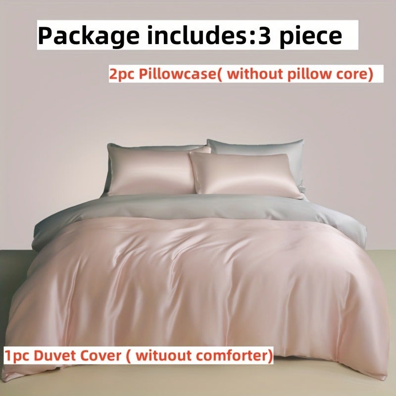 3-Piece Solid-Color Luxury Two-Tone Ice Silk Duvet Cover Set — 100% Ultra-Soft Microfiber; Cooling & Breathable; Features 8 Corner Ties; Machine Washable at 60°C; Ideal for Hotels, Bedrooms, and Dormitories (Duvet Insert and Pillow Inserts Not - Image 1