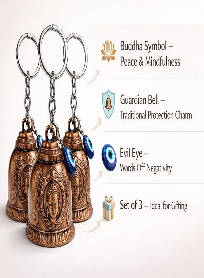 AeroStark Combo of 3 Bronze Buddha Guardian Bell for Bike | Evil Eye Protection Keychain | Metal Guardian Bell for Motorcycle, Car, Scooter | Spiritual Lucky Charm | Anti Negative Energy Bell - Image 2