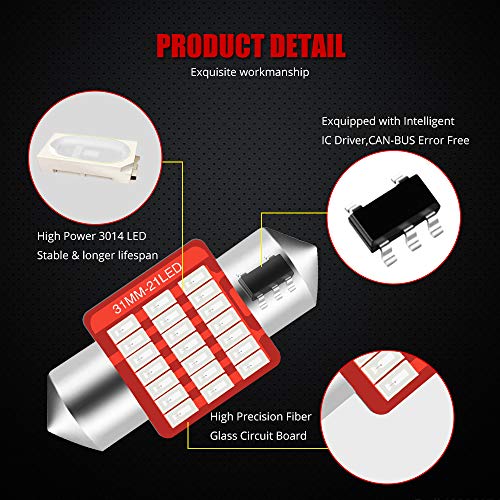 YEERON YEORO DE3175 6428 LED Bulb Super Bright 21SMD 3014 Chips 31mm CANBUS Festoon DE3021 DE3022 3175 LED Interior Dome Map Trunk Step Courtesy Lights.GREEN.(10-Pack) (Green) - Image 2