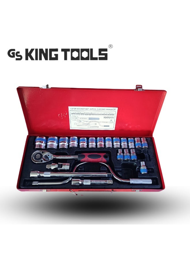 كينج تولز طقم عدد يدوية سداسي 24 قطعة قصير 1/2 بوصة للاستخدام الشخصي والصيانة والسيارات - Image 1